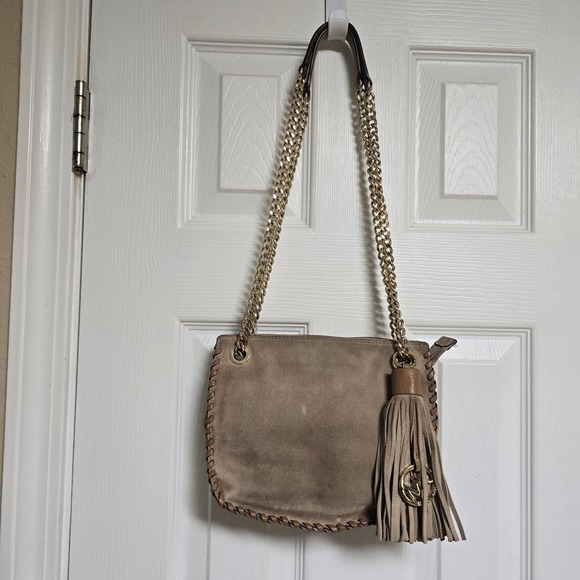 *Michael Kors Chelsea Shoulder Bag Tan Suede Whipstitch Tassel Purse - Picture 1 of 9